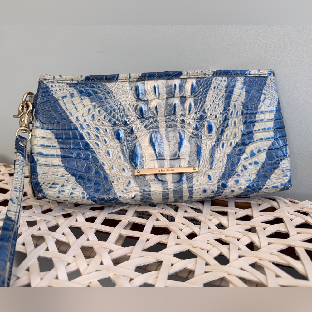 Brahmin Blue and White Croc-Embossed Clutch and Wristlet